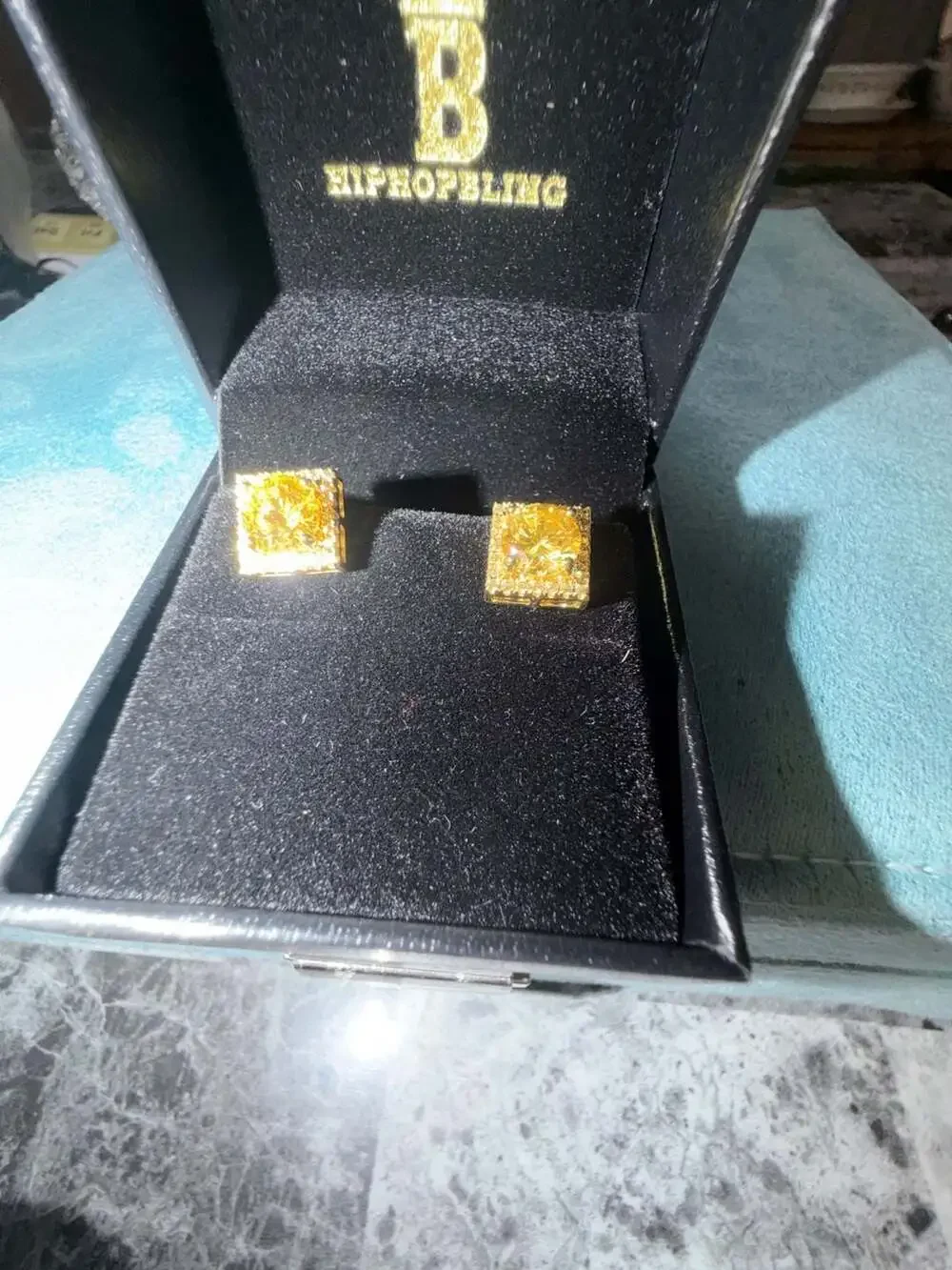 Hiphopbling Men's Yellow CZ Square Stud Earrings in Gold Tone